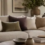 Stilvoll kombiniertes Sofa mit Bouclé-, Leinen-, Samt- und Cord-Kissen in Creme, Greige, Oliv und Pflaume