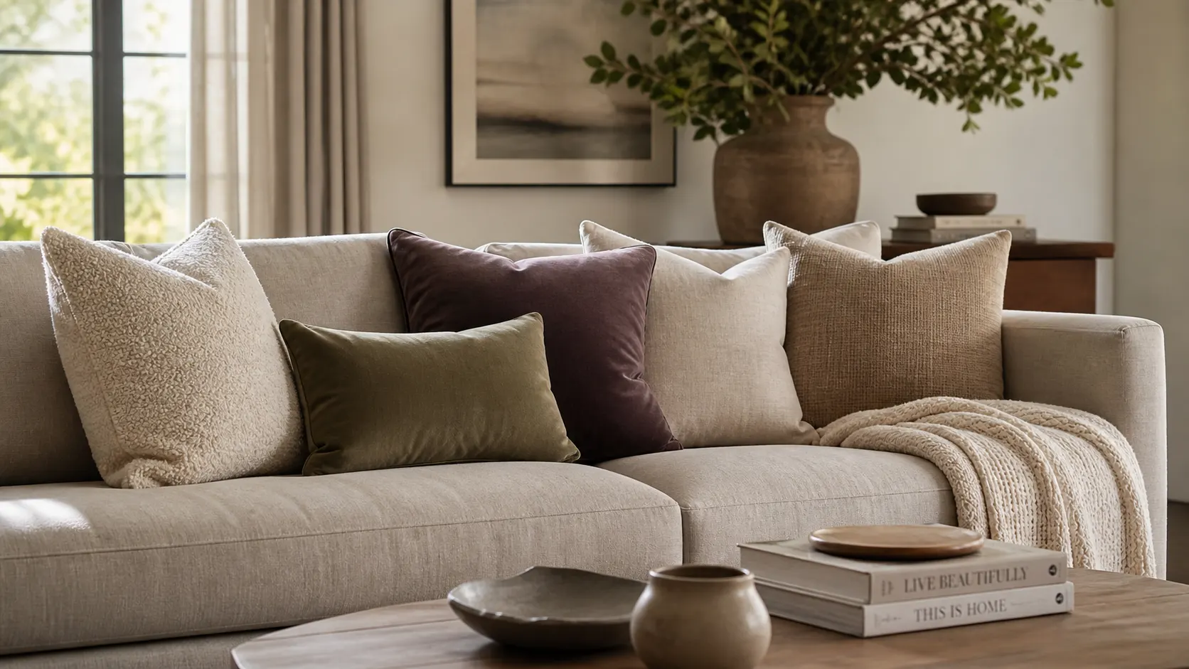 Stilvoll kombiniertes Sofa mit Bouclé-, Leinen-, Samt- und Cord-Kissen in Creme, Greige, Oliv und Pflaume