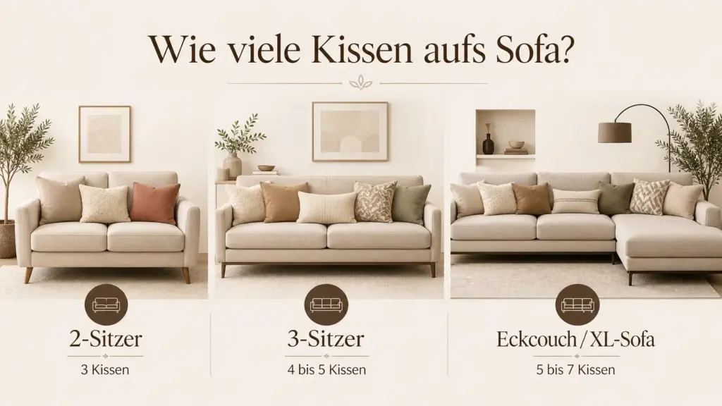 Infografik: Wie viele Kissen aufs Sofa – 2-Sitzer mit 3 Kissen, 3-Sitzer mit 4 bis 5 Kissen und Eckcouch mit 5 bis 7 Kissen