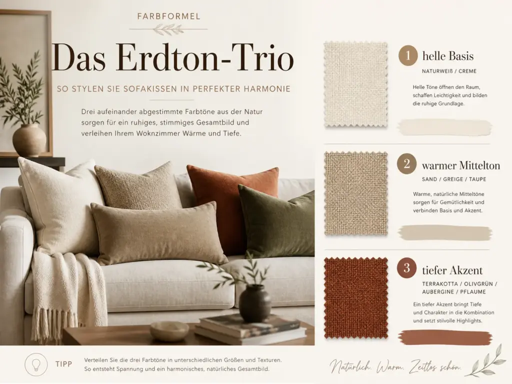 Infografik: Erdton-Trio als Farbformel für Sofa-Kissen mit heller Basis, warmem Mittelton und tiefem Akzent