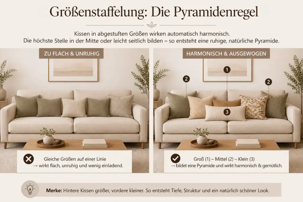 Infografik: Größenstaffelung bei Sofa-Kissen – große Kissen hinten, mittlere davor und ein kleines Lendenkissen vorne nach der Pyramidenregel
