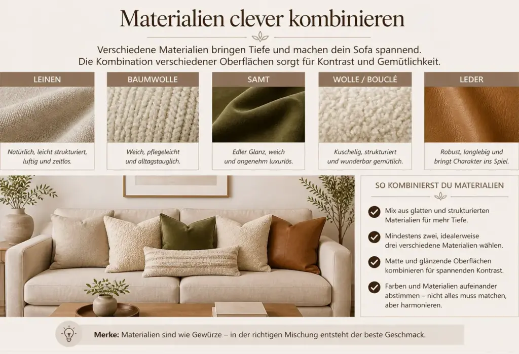 Moodboard-Infografik: Sofa-Kissen aus Leinen, Baumwolle, Samt, Bouclé und Leder miteinander kombinieren