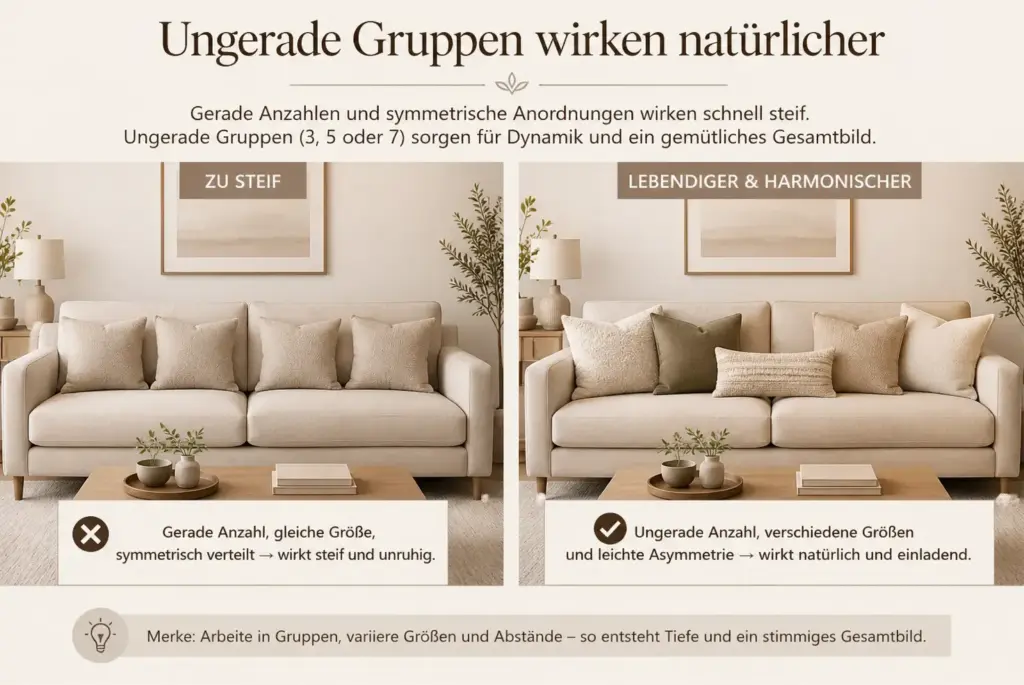 Infografik: Ungerade Kissen-Gruppen auf dem Sofa wirken natürlicher als symmetrisch angeordnete Sofakissen in gerader Anzahl