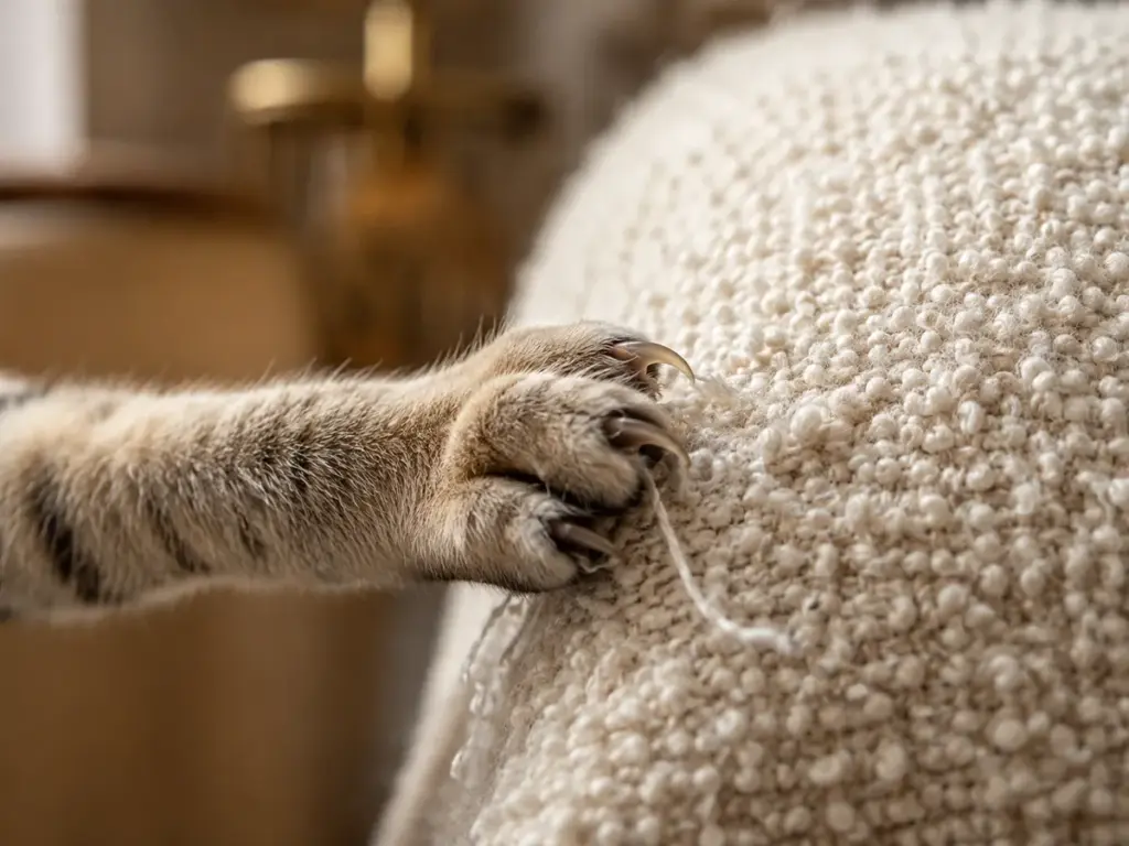 Katzenpfote mit ausgefahrenen Krallen zieht Faden aus cremweißem Bouclé-Kissen