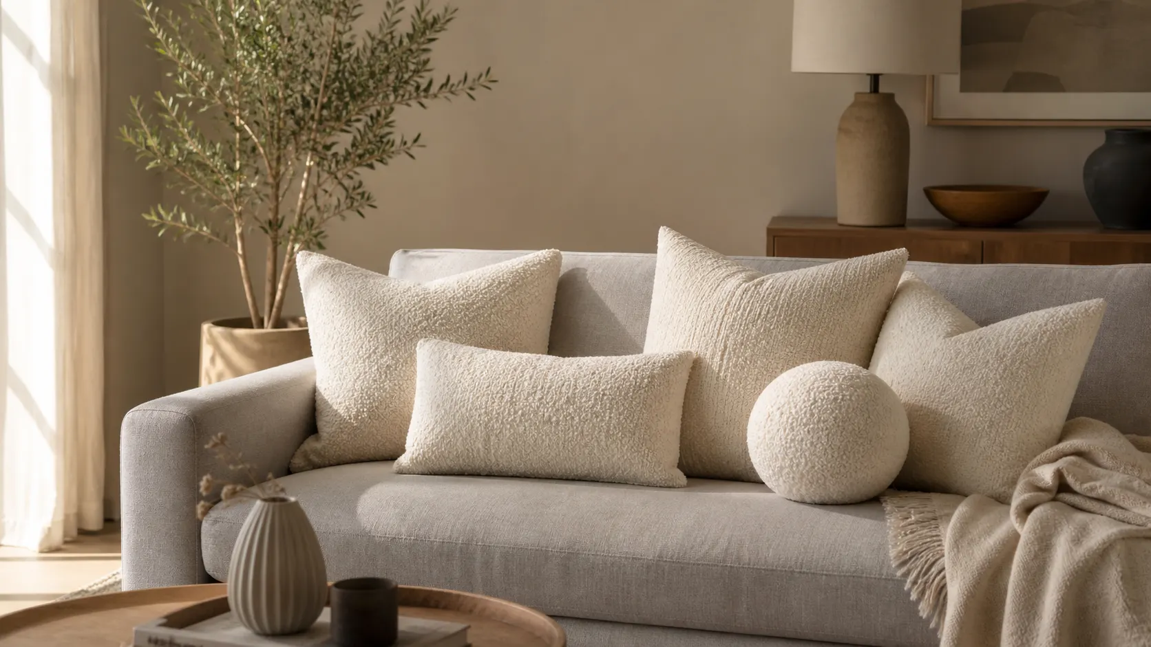 Cremeweiße Bouclé-Kissen auf grauem Sofa im Wohnzimmer – Sofa-Styling mit Lumbar und rundem Kissen