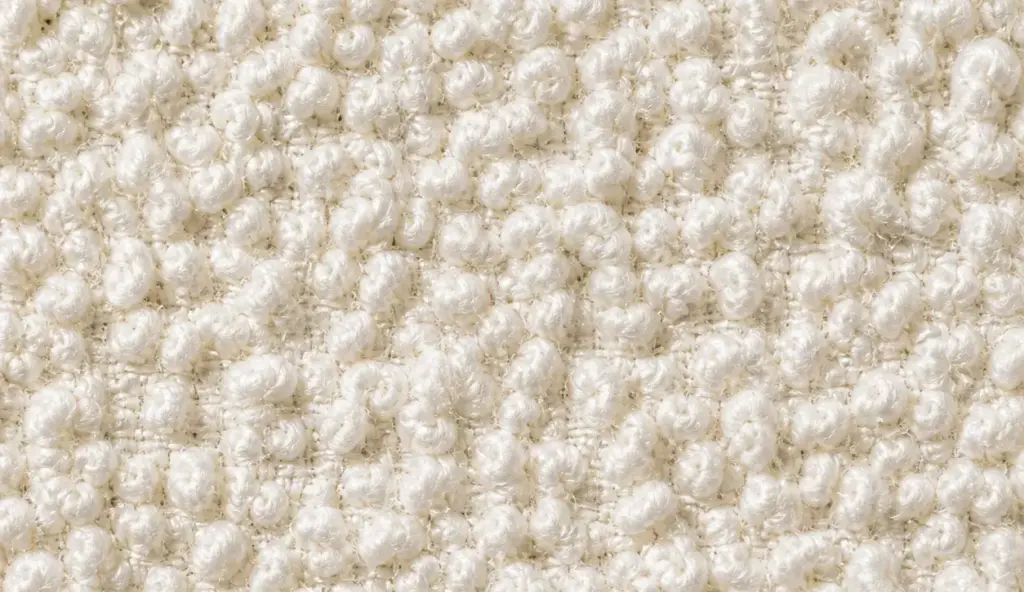 Nahaufnahme cremeweiße Bouclé-Textur – charakteristische Schlaufenstruktur hochwertiger Bouclé-Kissen