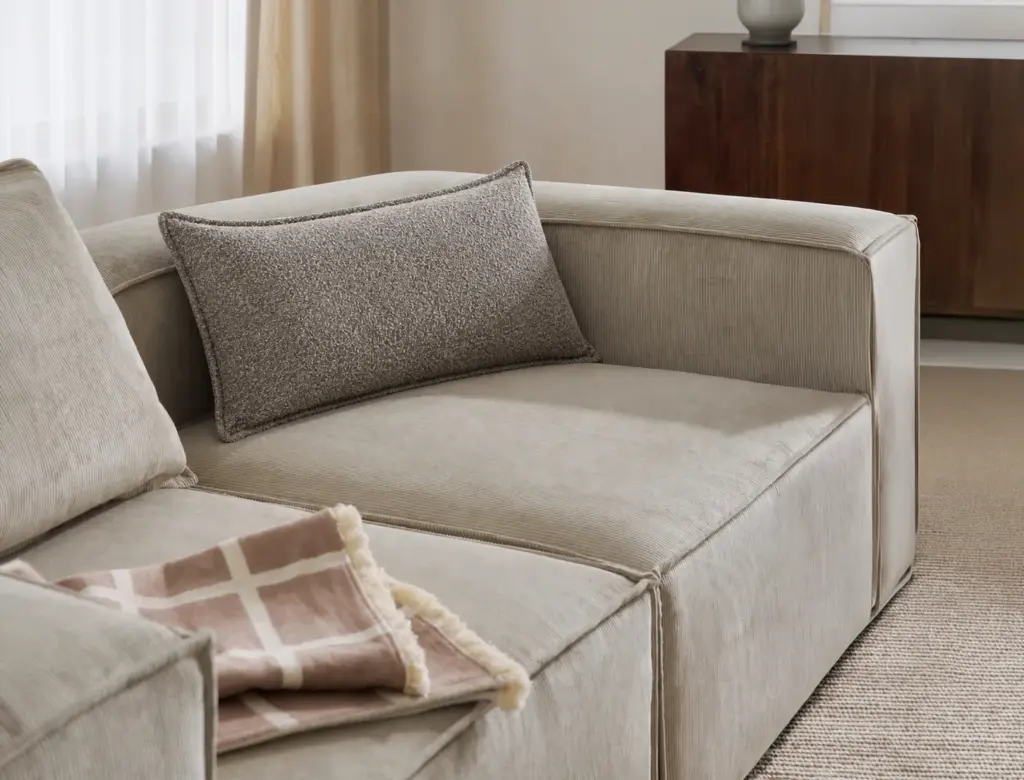 Großes Bouclé-Sofa-Kissen Lennon 50×80 cm in Greige als Lumbar-Kissen auf beigem Cord-Sofa mit rosa karierter Decke