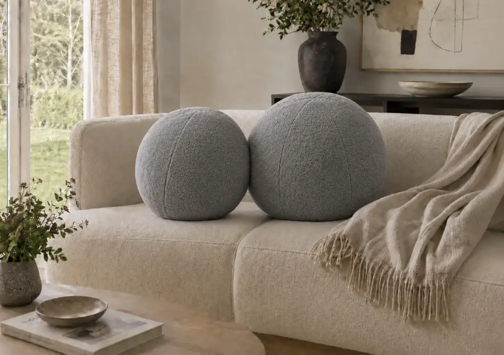 Zwei runde Bouclé-Kissen Celeste in Grau, Ø 50 cm und Ø 70 cm, auf cremefarbenem Sofa mit Wolldecke und dunkler Vase
