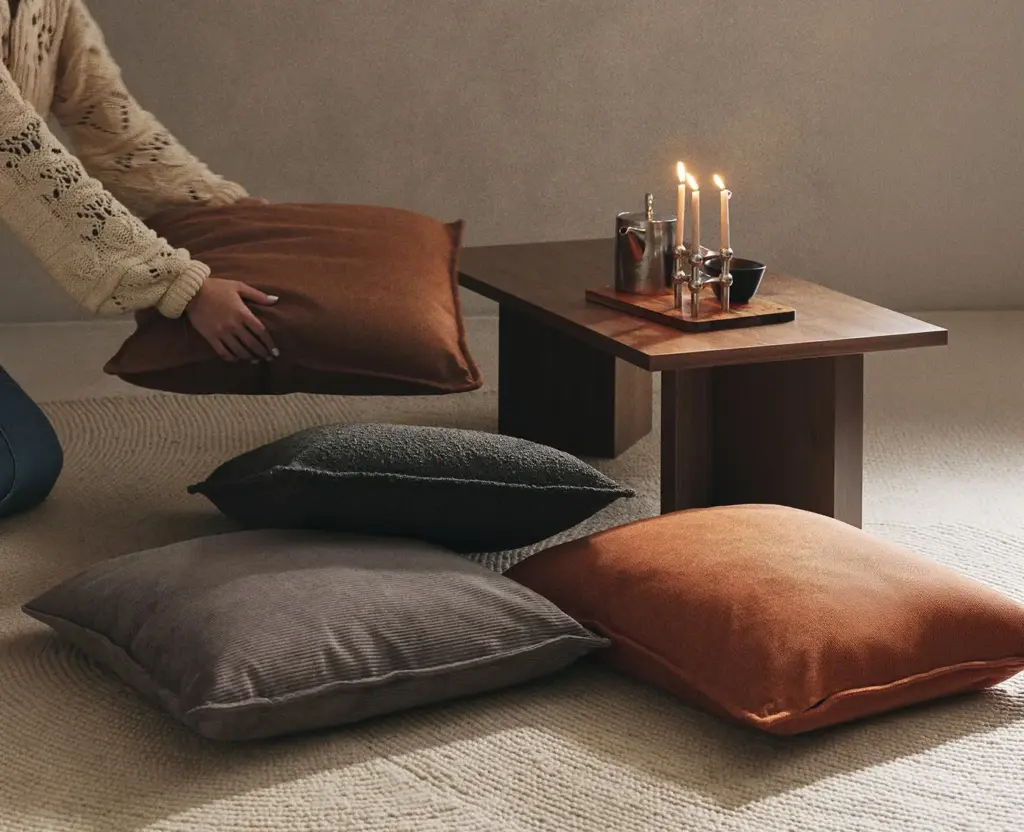 Großes Bouclé-Sofa-Kissen Lennon 70×70 cm in der Kollektion: Anthrazit, Terrakotta und Taupe auf Teppich mit Holztisch und Kerzen