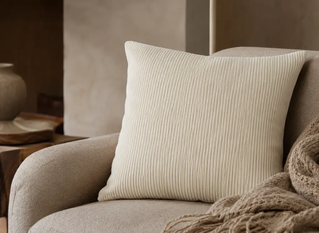 Cord-Sofa-Kissen Melva in Hellbeige von Westwing auf einem Bouclé-Sessel mit Wolldecke