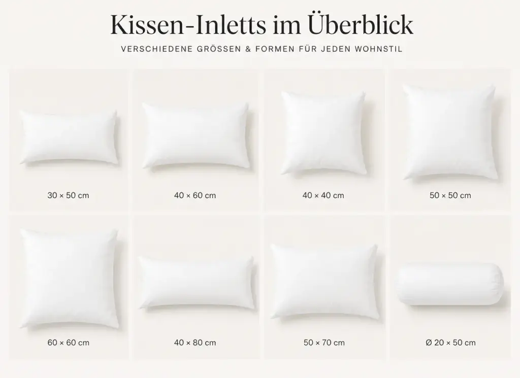Kissen-Inletts im Überblick: 8 verschiedene Größen und Formen von 30×50 cm bis Ø 20×50 cm auf hellem Hintergrund