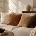 Cord oder Bouclé? Welches Material zu deinem Wohnstil passt Greige-Sofa mit Bouclé-Kissen in Creme, Cord-Kissen in Cognac, Teddy-Kissen in Caramel und Velvet-Kissen in Bordeaux, daneben grobe Strickdecke, Walnuss-Sideboard und Olivenbaum