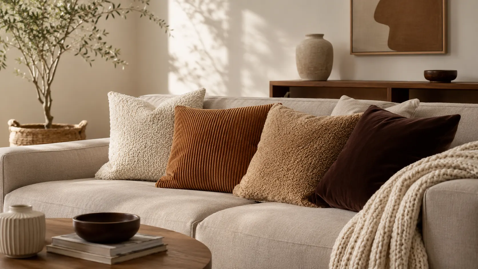 Greige-Sofa mit Bouclé-Kissen in Creme, Cord-Kissen in Cognac, Teddy-Kissen in Caramel und Velvet-Kissen in Bordeaux, daneben grobe Strickdecke, Walnuss-Sideboard und Olivenbaum