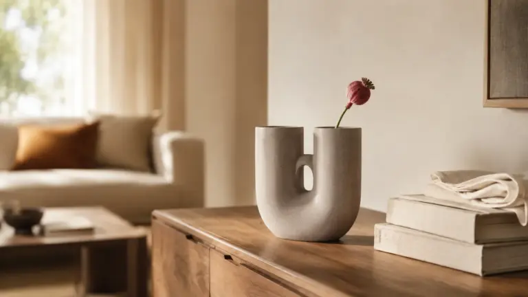 Skulpturale Keramikvase in Greige mit U-Form und einem getrockneten Mohnsamen auf Walnuss-Sideboard im Wohnzimmer