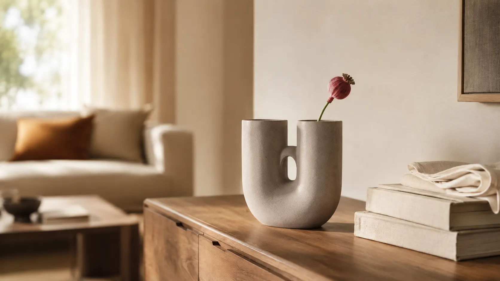 Skulpturale Keramikvase in Greige mit U-Form und einem getrockneten Mohnsamen auf Walnuss-Sideboard im Wohnzimmer