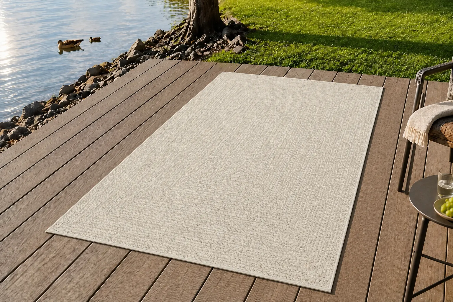 the carpet Kansas Outdoorteppich in Creme im Jute-Look auf einer Holzterrasse am Wasser