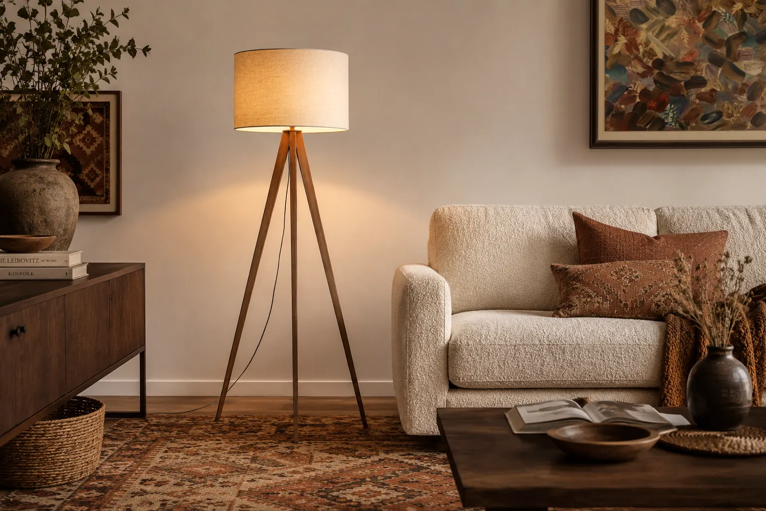 Tripod-Stehlampe Jake aus Massivholz mit Leinen-Schirm neben cremefarbenem Bouclé-Sofa auf Kelim-Teppich in warmem Wohnzimmer