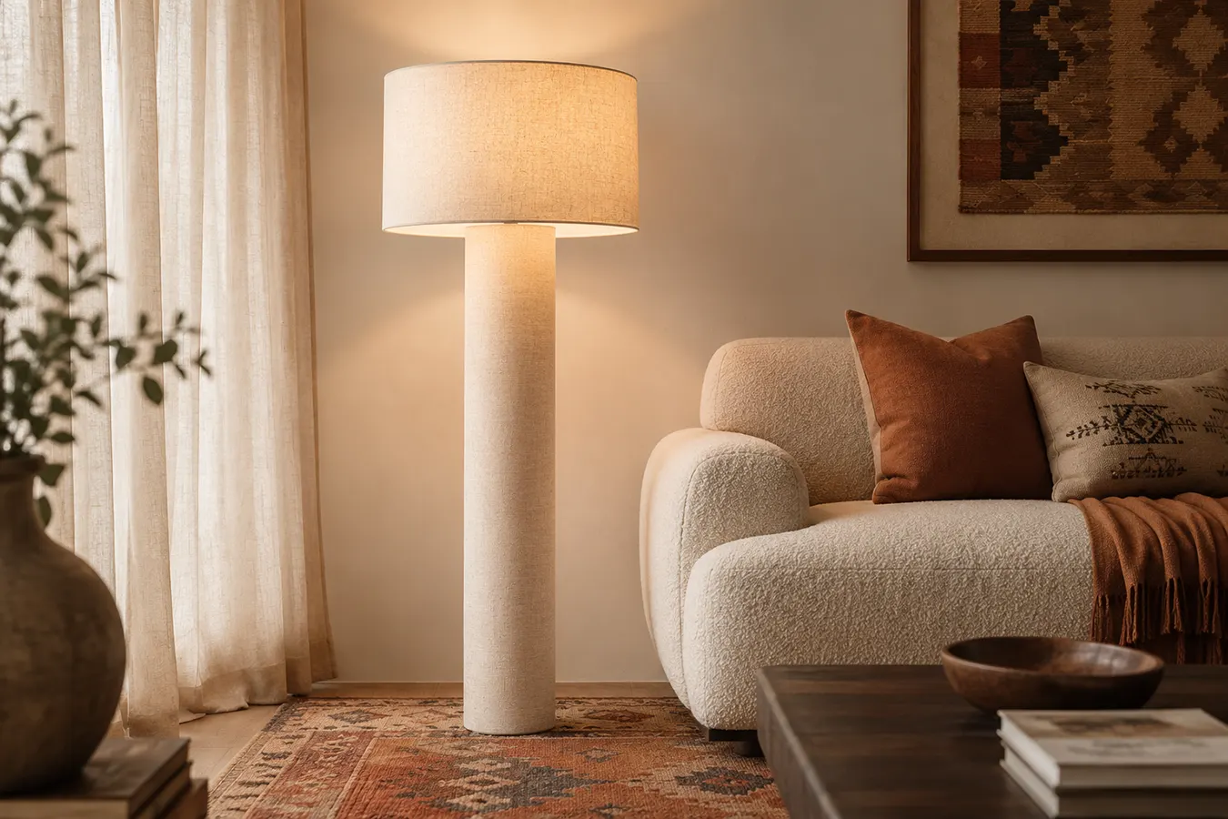Leinen-Stehlampe Ron mit durchleuchtetem Zylinderfuß neben cremefarbenem Bouclé-Sofa auf Kelim-Teppich in warmem Wohnzimmer