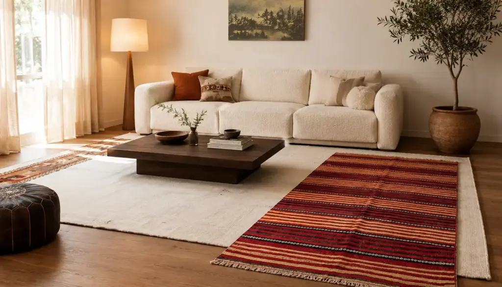 Wohnzimmer mit zwei handgewebten Kelim-Teppichen in Terrakotta und Rost, cremefarbenem Bouclé-Sofa und warmem Schichtlicht
