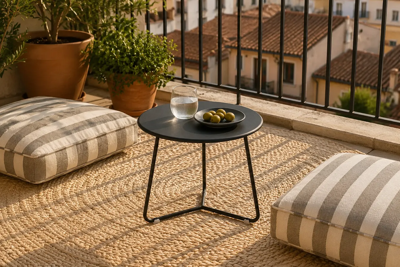 Low Lounge Balkon mit schwarzem Fermob Cocotte Beistelltisch, Streifenkissen und Jute-Teppich, mediterranes Ambiente