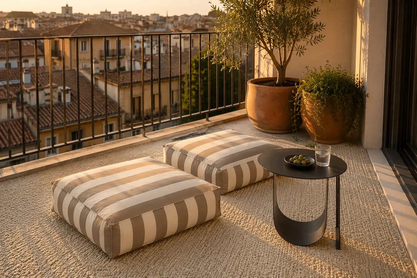 Low Lounge Balkon bei Goldstunde mit zwei Streifenkissen, schwarzem Metall-Beistelltisch und Olivenbaum vor mediterraner Stadtkulisse