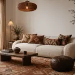 Modernes Boho-Wohnzimmer mit cremefarbenem Bouclé-Sofa, handgewebtem Kelim-Teppich in Terrakotta, Leder-Pouf und warmem Schichtlicht