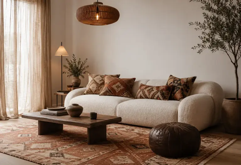Modernes Boho-Wohnzimmer mit cremefarbenem Bouclé-Sofa, handgewebtem Kelim-Teppich in Terrakotta, Leder-Pouf und warmem Schichtlicht