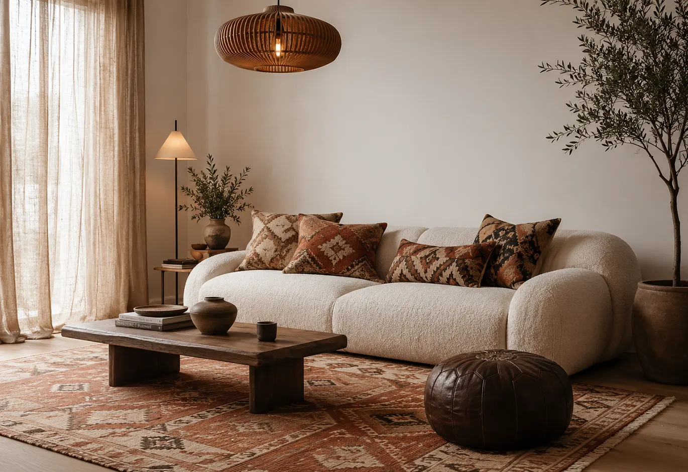 Modernes Boho-Wohnzimmer mit cremefarbenem Bouclé-Sofa, handgewebtem Kelim-Teppich in Terrakotta, Leder-Pouf und warmem Schichtlicht